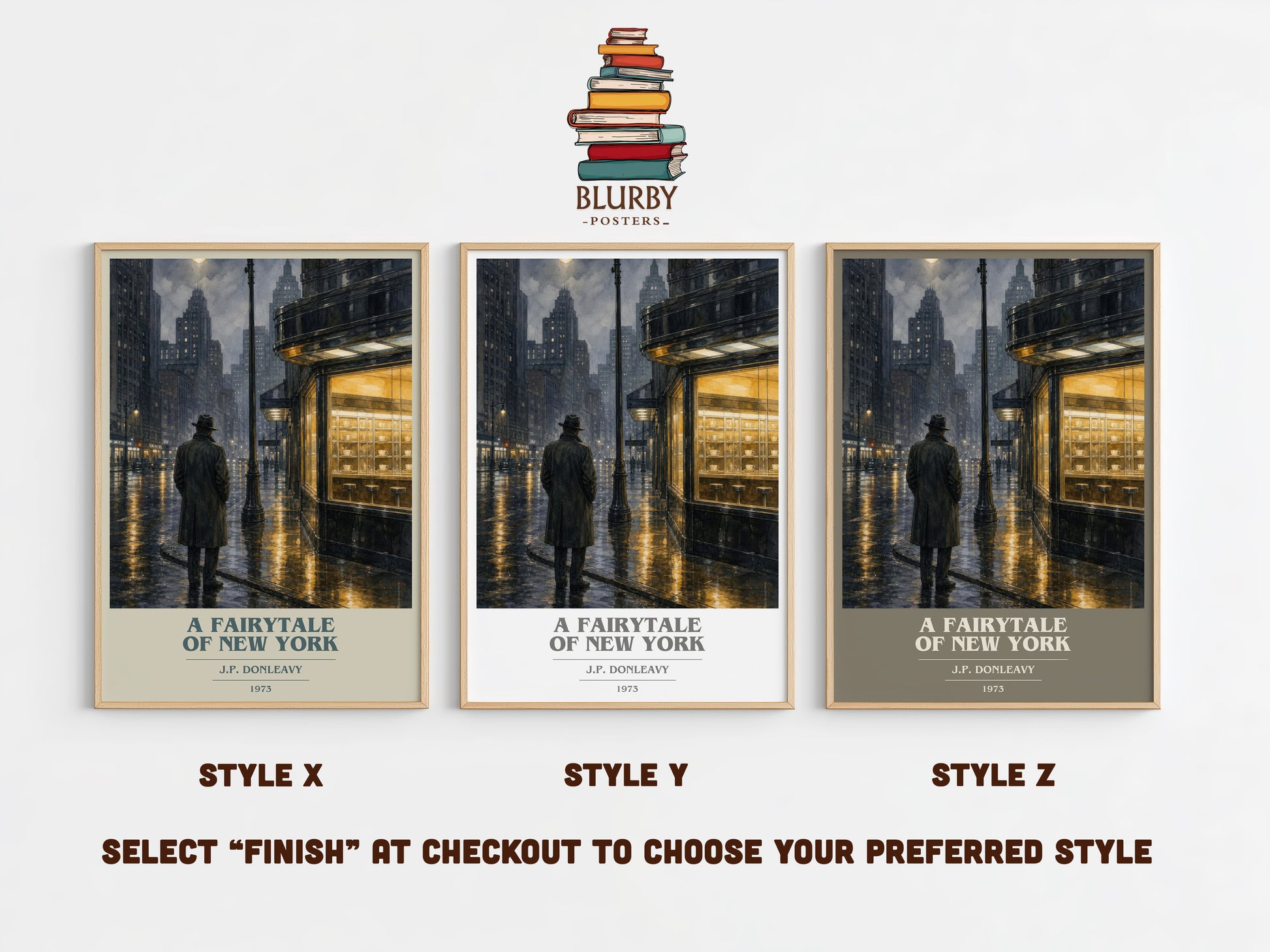 A Fairytale Of New York book cover print in frame leaning in hallway – literary fiction wall art