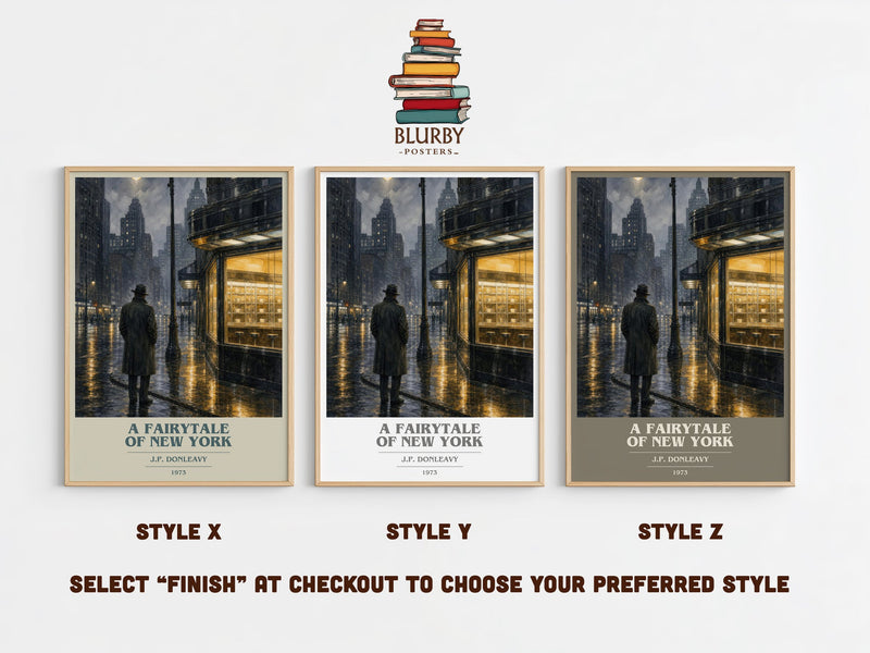 A Fairytale Of New York book cover print in frame leaning in hallway – literary fiction wall art
