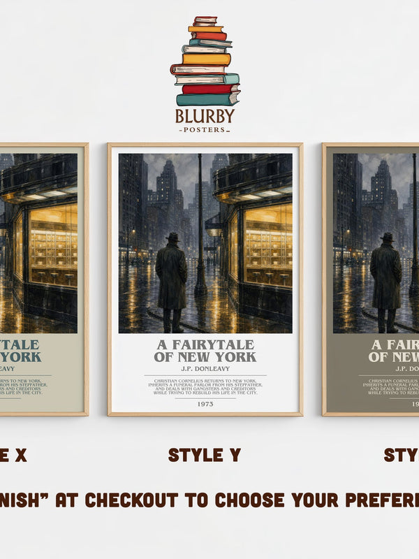 A Fairytale Of New York bookish print in frame leaning in hallway – literary fiction wall art