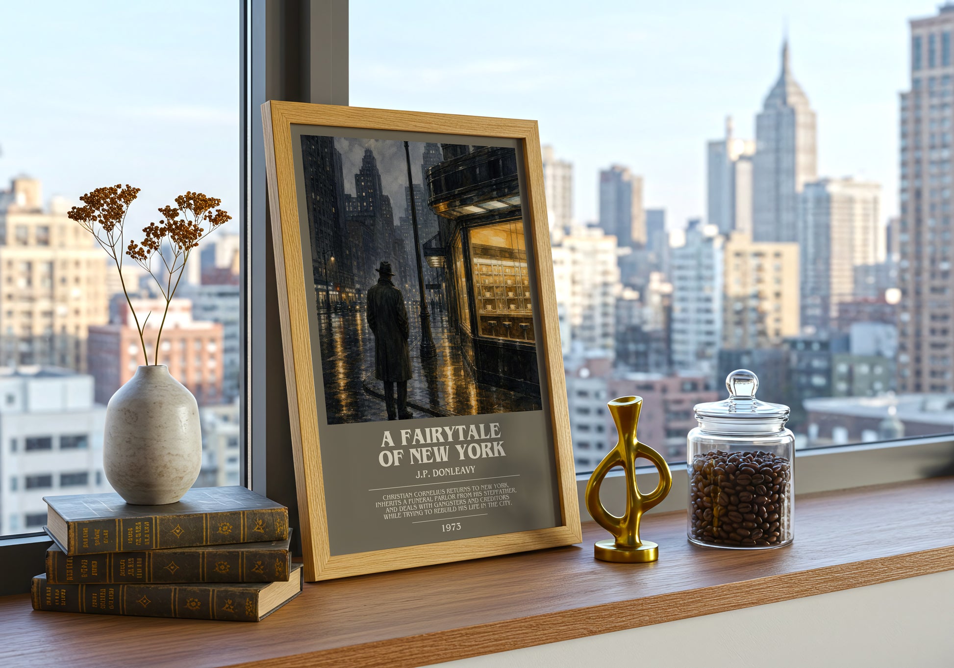 A Fairytale Of New York bookish print framed by window – literary home decor