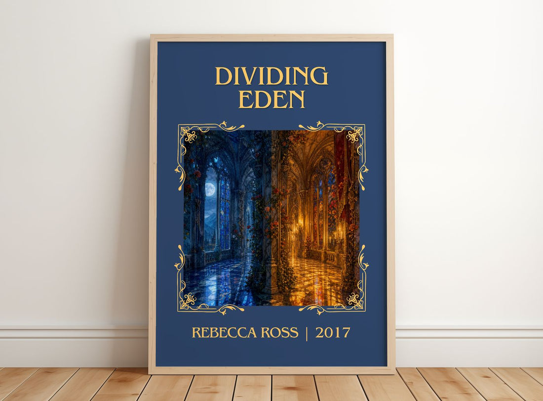 Dividing Eden Classic Book Art Print by Rebecca Ross – framed print leaning on a wooden floor