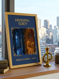 Dividing Eden Classic Book Art Print by Rebecca Ross – framed print on a city-view windowsill