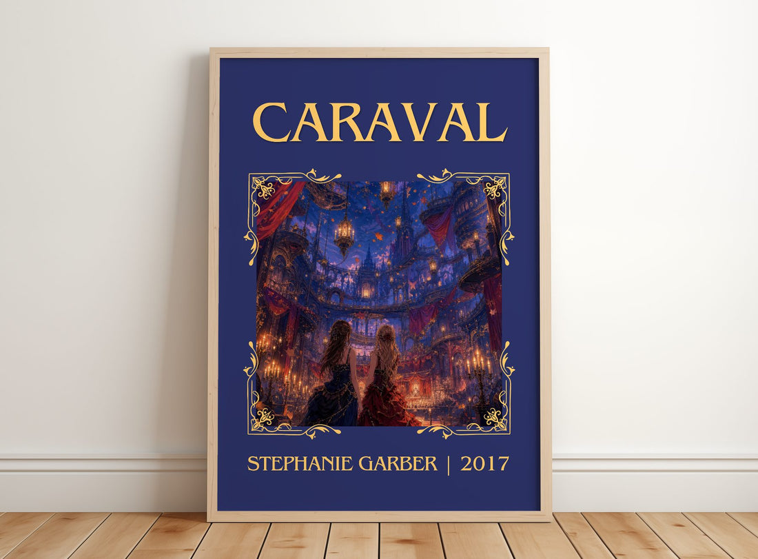 Caraval Classic Book Art Print by Stephanie Garber – framed print leaning on a wooden floor