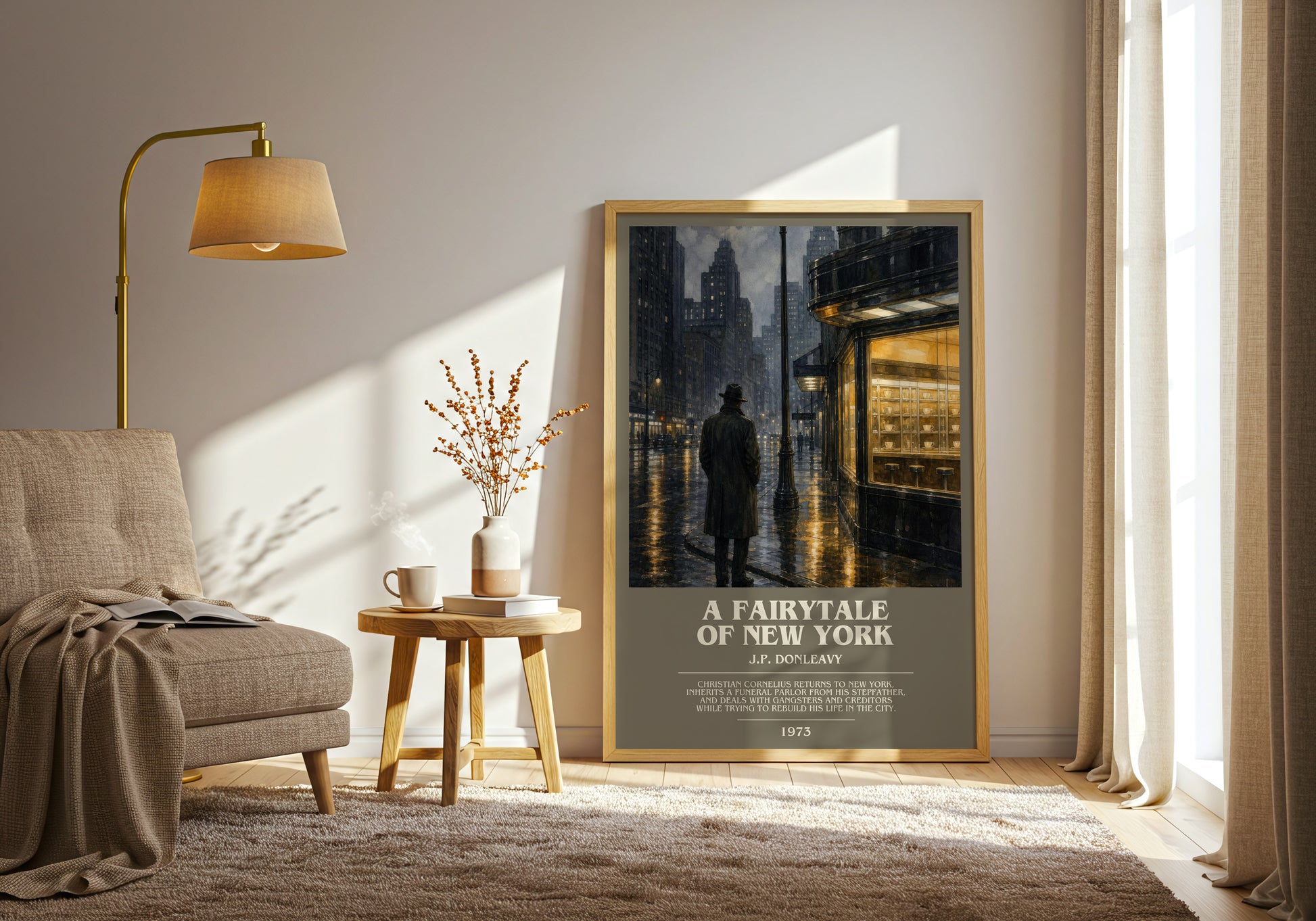 A Fairytale Of New York bookish print on bookshelf – J.P. Donleavy fan gift