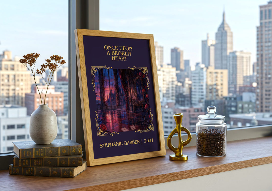 Once Upon a Broken Heart Classic Book Art Print by Stephanie Garber – framed print on a city-view windowsill