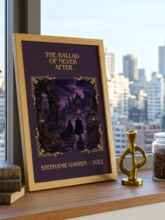 The Ballad of Never After Classic Book Art Print by Stephanie Garber – framed print on a city-view windowsill