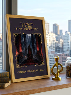 Ashes and the Star-Cursed King Classic Book Art Print by C. Broadbent – framed print on a city-view windowsill