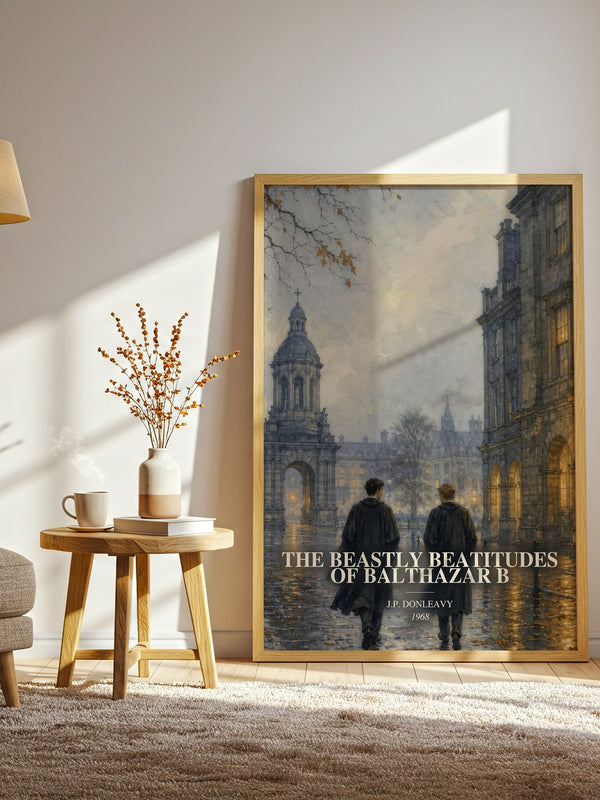 The Beastly Beatitudes Of Balthazar B watercolour print in frame leaning in hallway – coming of age wall art