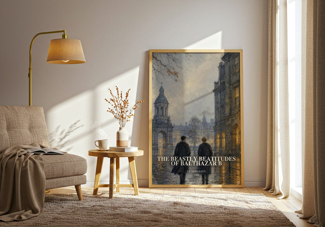 The Beastly Beatitudes Of Balthazar B watercolour print in frame leaning in hallway – coming of age wall art (mockup)