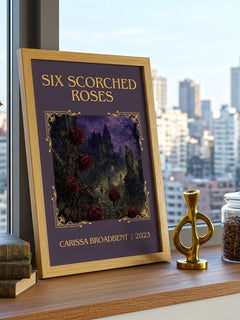 Six Scorched Roses Classic Book Art Print by Carissa Broadbent – framed print on a city-view windowsill