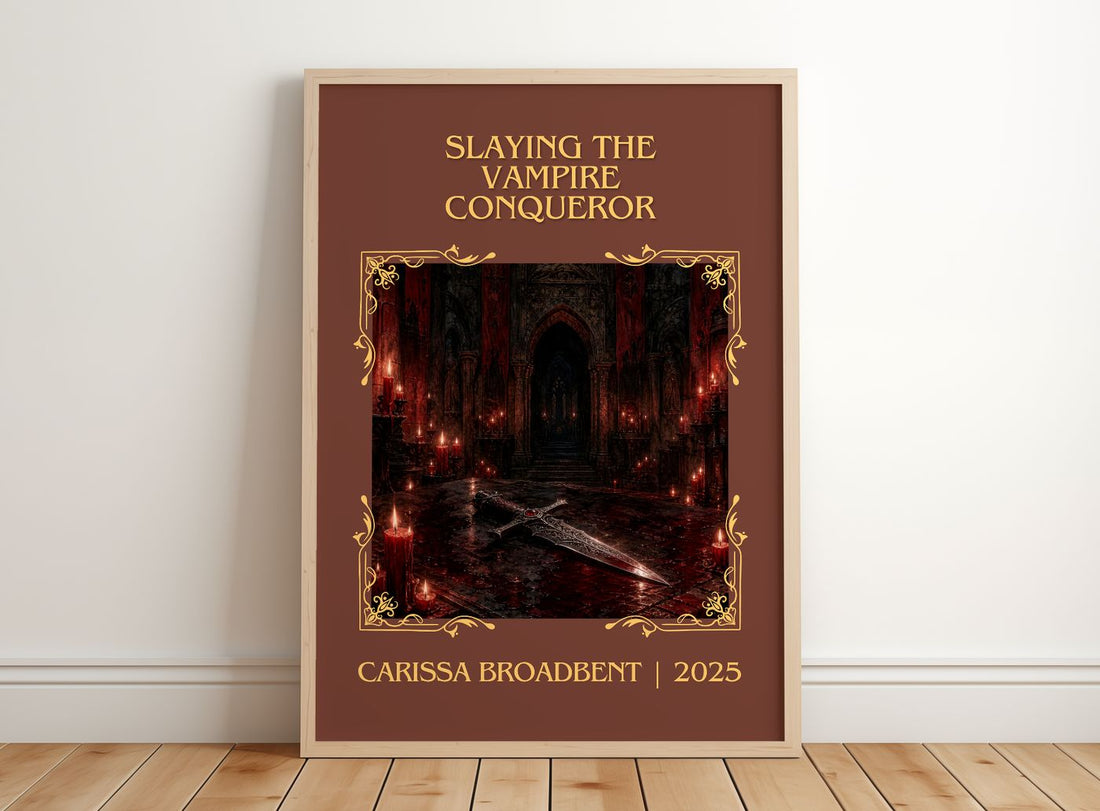 Slaying the Vampire Conqueror Classic Book Art Print by C. Broadbent – framed print leaning on a wooden floor