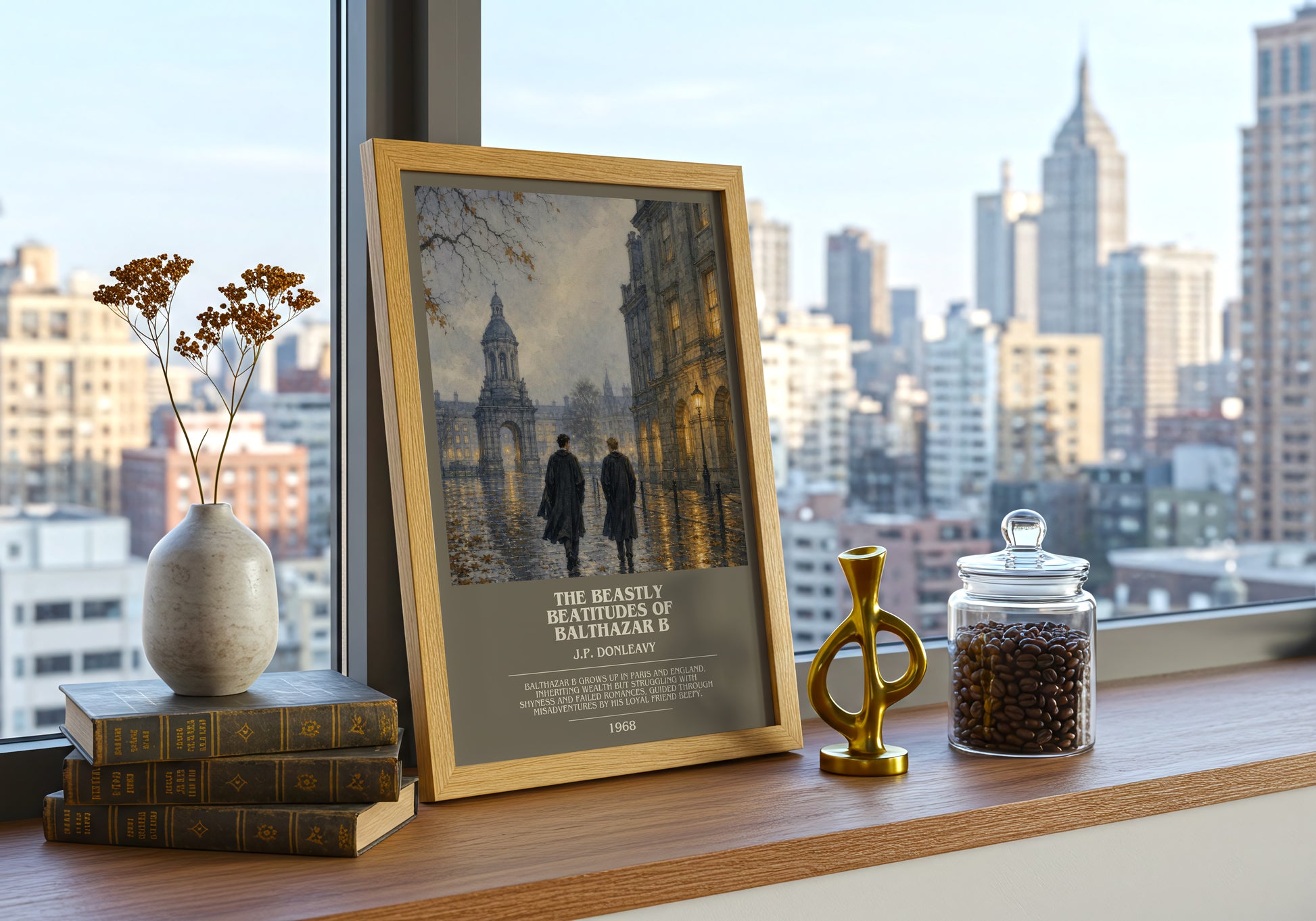 The Beastly Beatitudes Of Balthazar B bookish print framed by window – literary home decor
