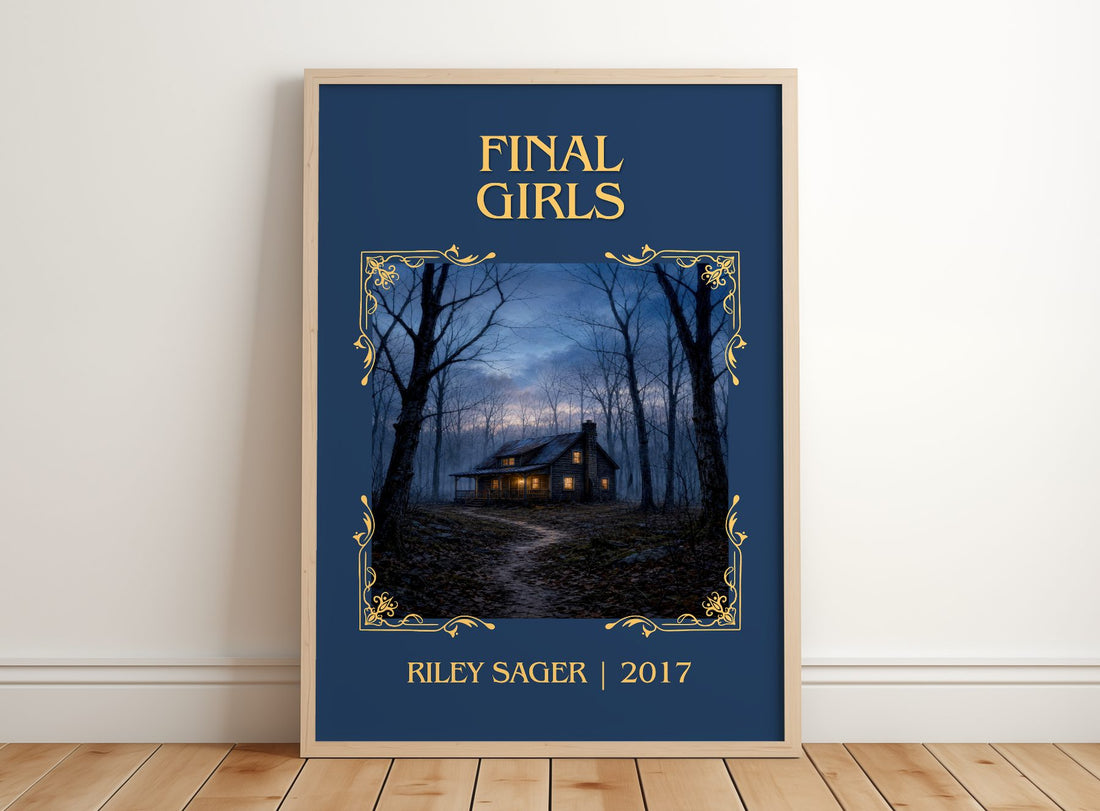 Final Girls Classic Book Art Print by Riley Sager – framed print leaning on a wooden floor