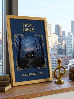 Final Girls Classic Book Art Print by Riley Sager – framed print on a city-view windowsill
