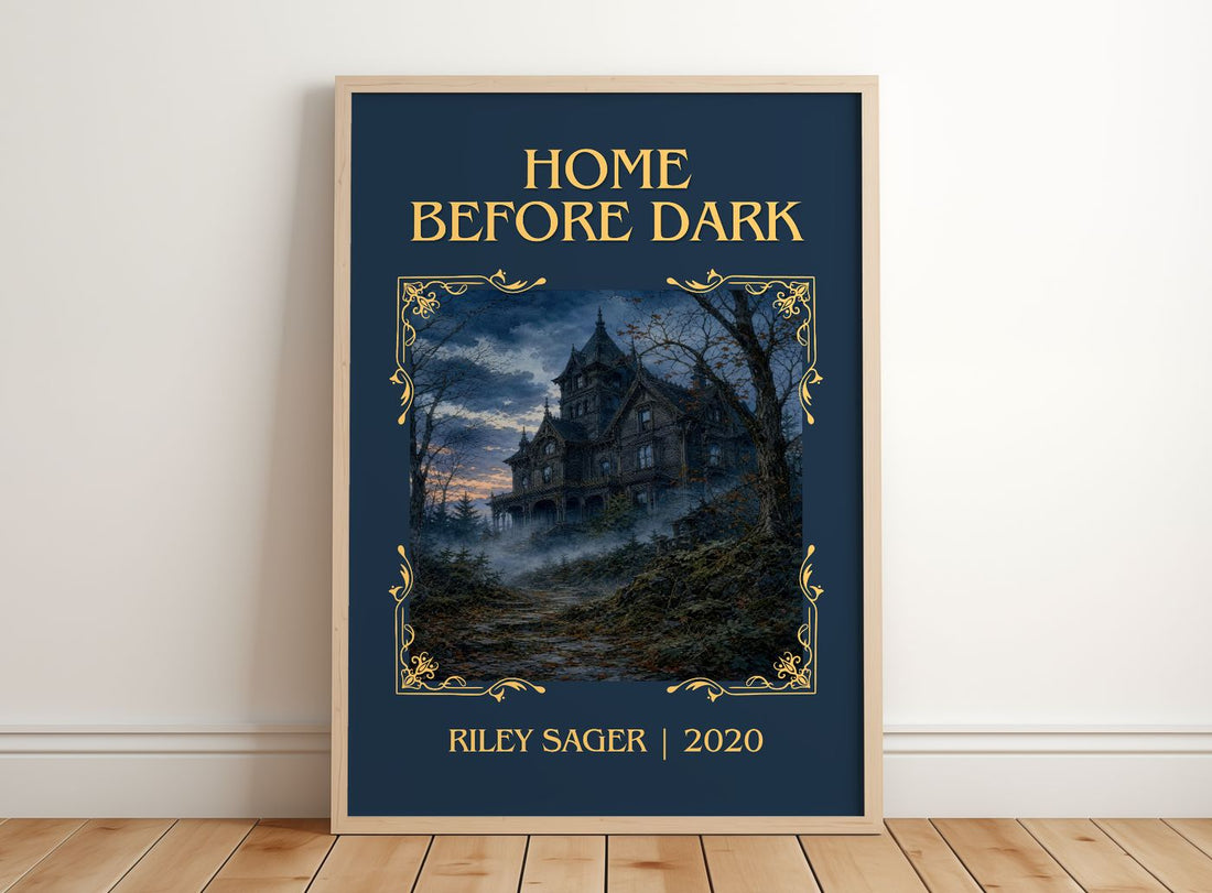 Home Before Dark Classic Book Art Print by Riley Sager – framed print leaning on a wooden floor
