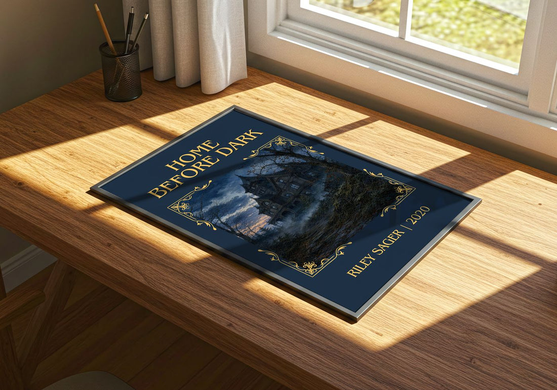 Home Before Dark Classic Book Art Print by Riley Sager – print on a sunlit desk