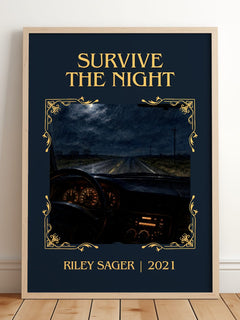 Survive the Night Classic Book Art Print by Riley Sager – framed print leaning on a wooden floor