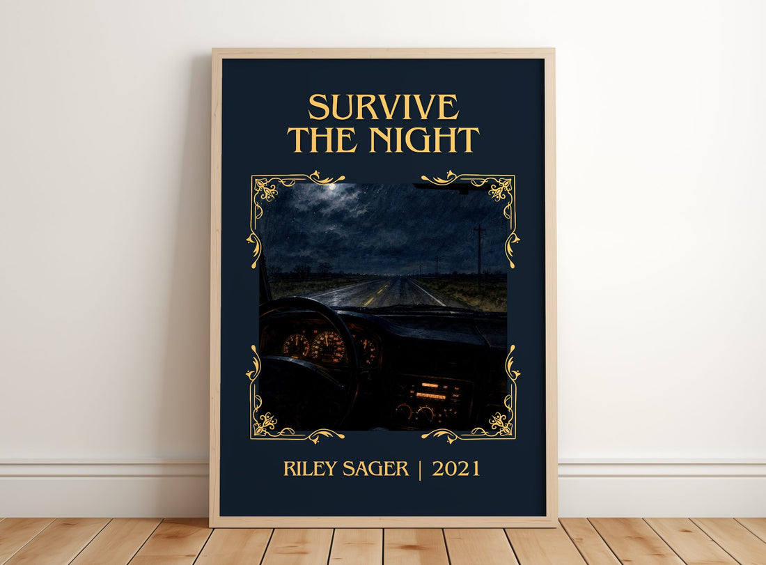 Survive the Night Classic Book Art Print by Riley Sager – framed print leaning on a wooden floor