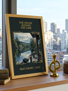 The House Across the Lake Classic Book Art Print by Riley Sager – framed print on a city-view windowsill