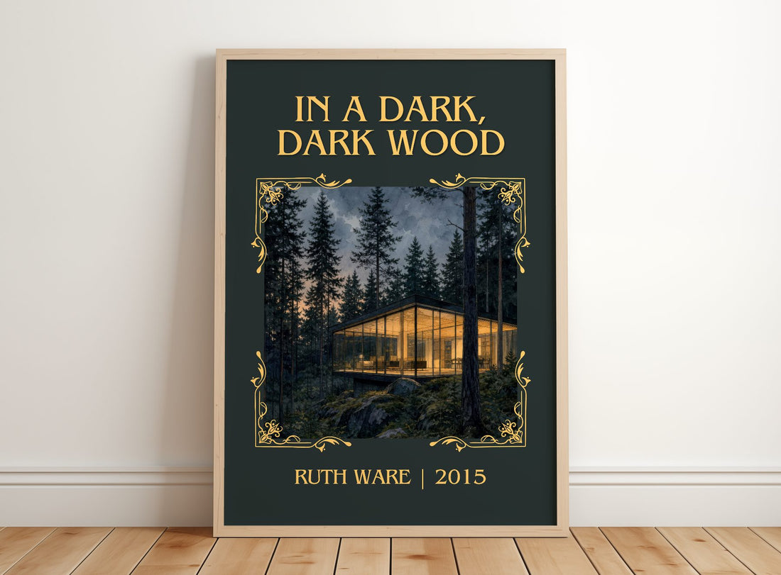 In a Dark, Dark Wood Classic Book Art Print by Ruth Ware – framed print leaning on a wooden floor