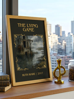 The Lying Game Classic Book Art Print by Ruth Ware – framed print on a city-view windowsill