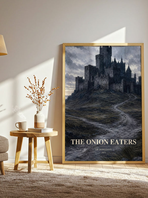 The Onion Eaters watercolour print in frame leaning in hallway – satire wall art