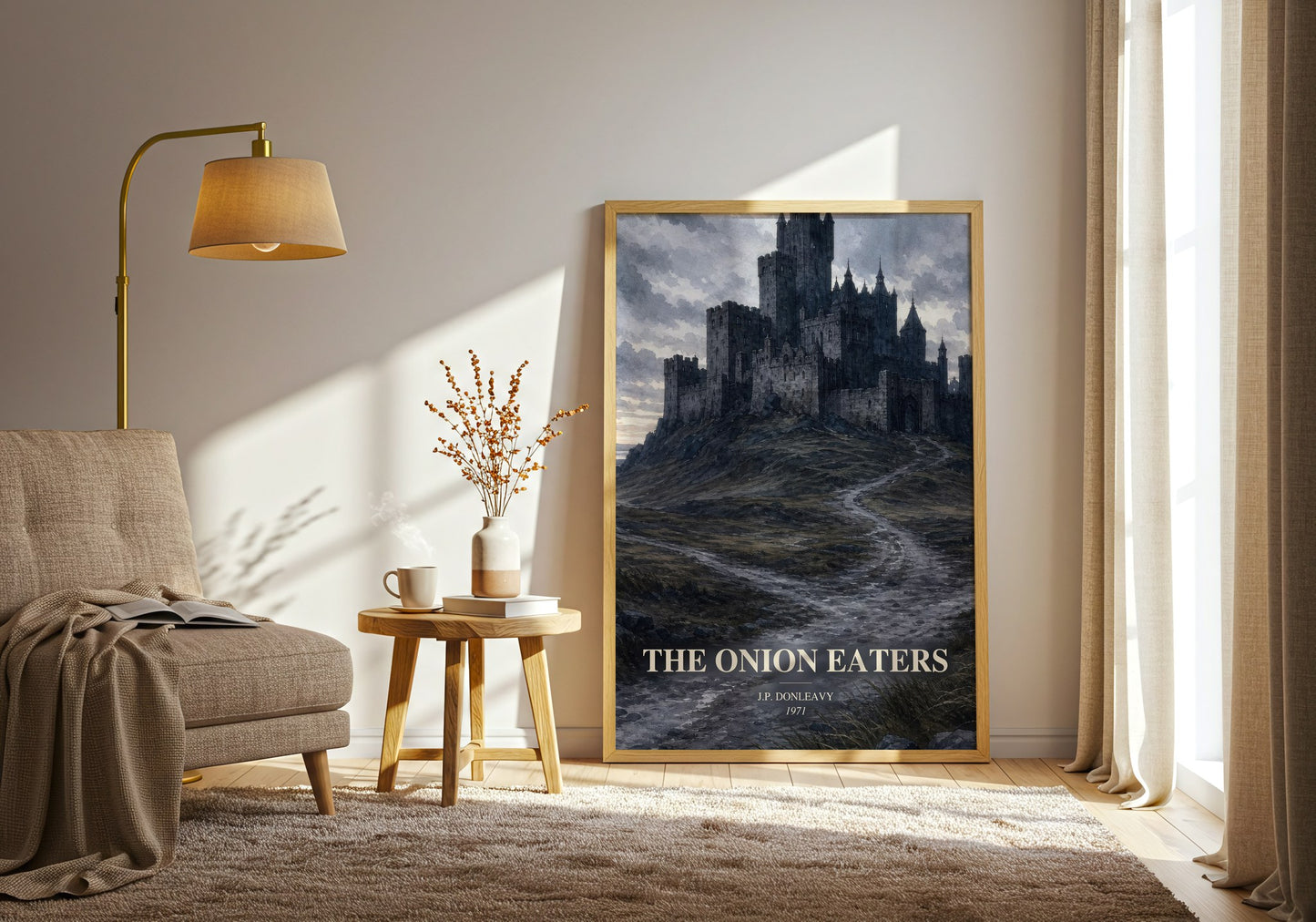 The Onion Eaters watercolour print in frame leaning in hallway – satire wall art
