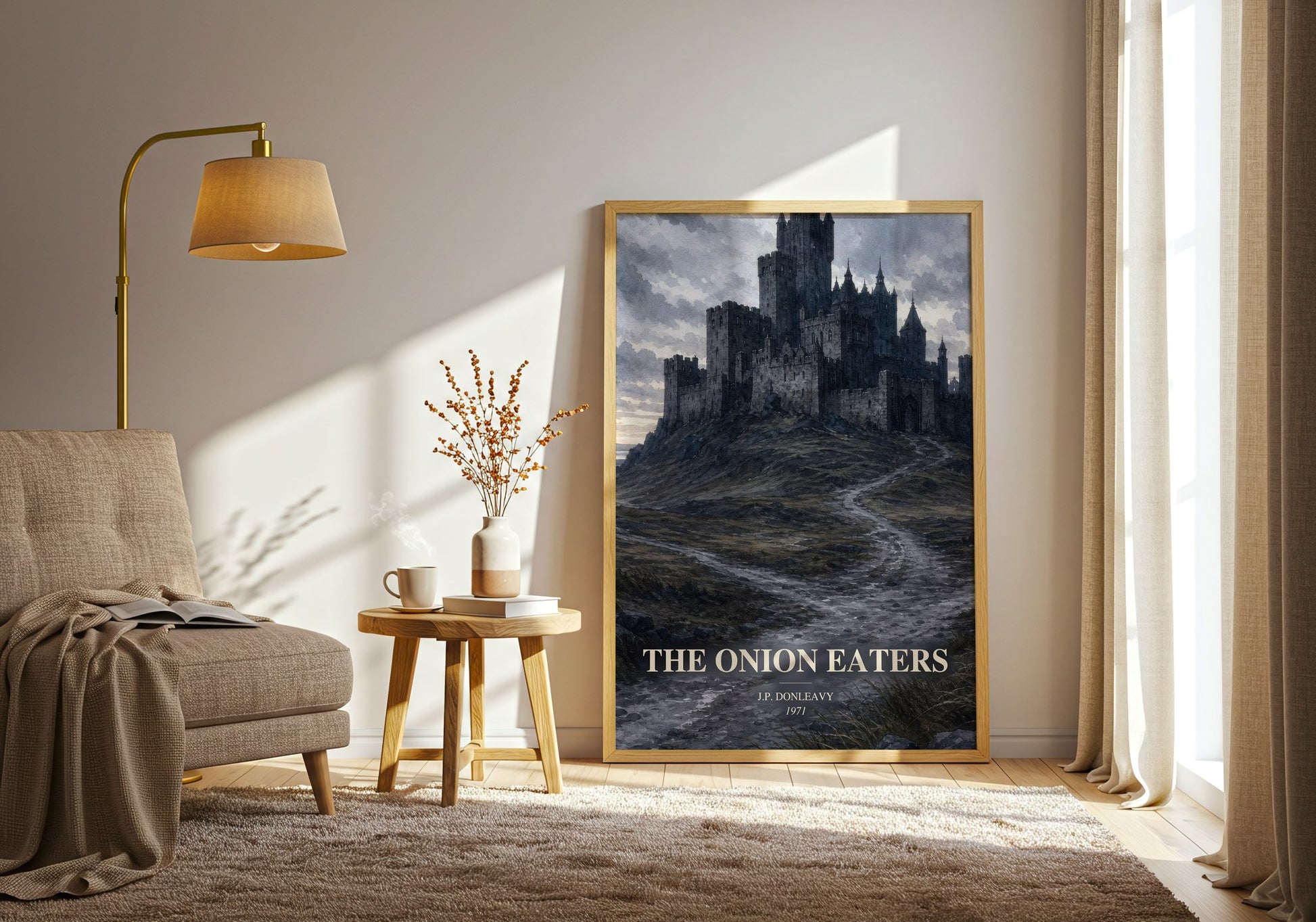 The Onion Eaters watercolour print in frame leaning in hallway – satire wall art