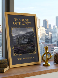 The Turn of the Key Classic Book Art Print by Ruth Ware – framed print on a city-view windowsill