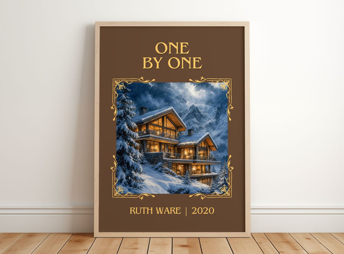One by One Classic Book Art Print by Ruth Ware – framed print leaning on a wooden floor