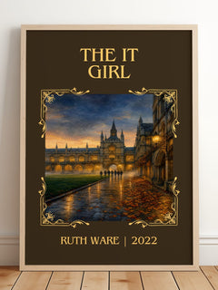 The It Girl Classic Book Art Print by Ruth Ware – framed print leaning on a wooden floor