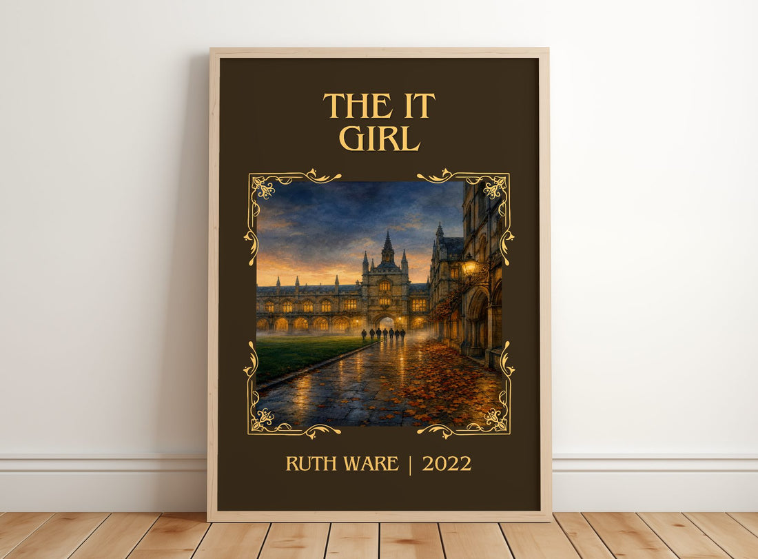 The It Girl Classic Book Art Print by Ruth Ware – framed print leaning on a wooden floor