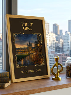 The It Girl Classic Book Art Print by Ruth Ware – framed print on a city-view windowsill
