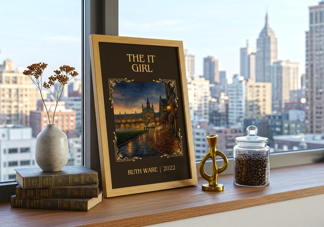 The It Girl Classic Book Art Print by Ruth Ware – framed print on a city-view windowsill