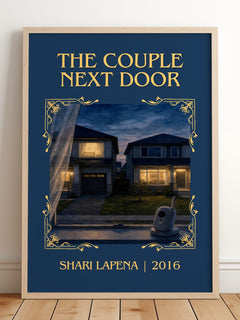 The Couple Next Door Classic Book Art Print by Shari Lapena – framed print leaning on a wooden floor