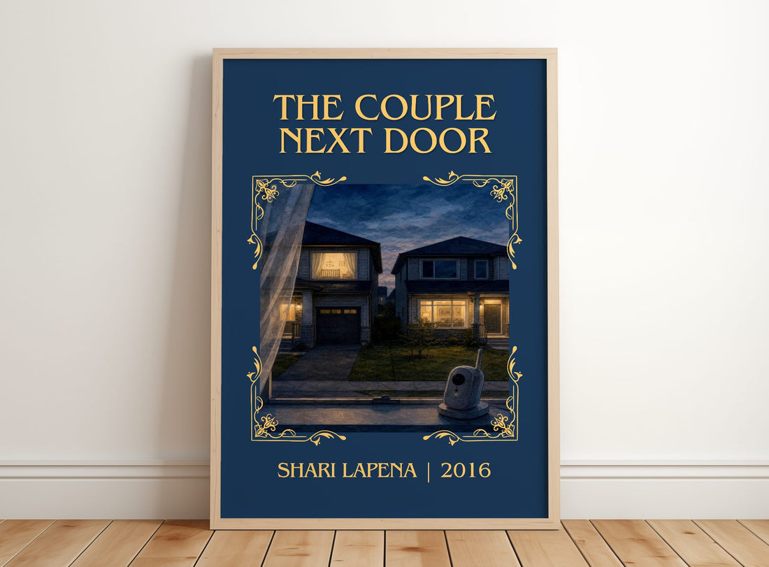 The Couple Next Door Classic Book Art Print by Shari Lapena – framed print leaning on a wooden floor