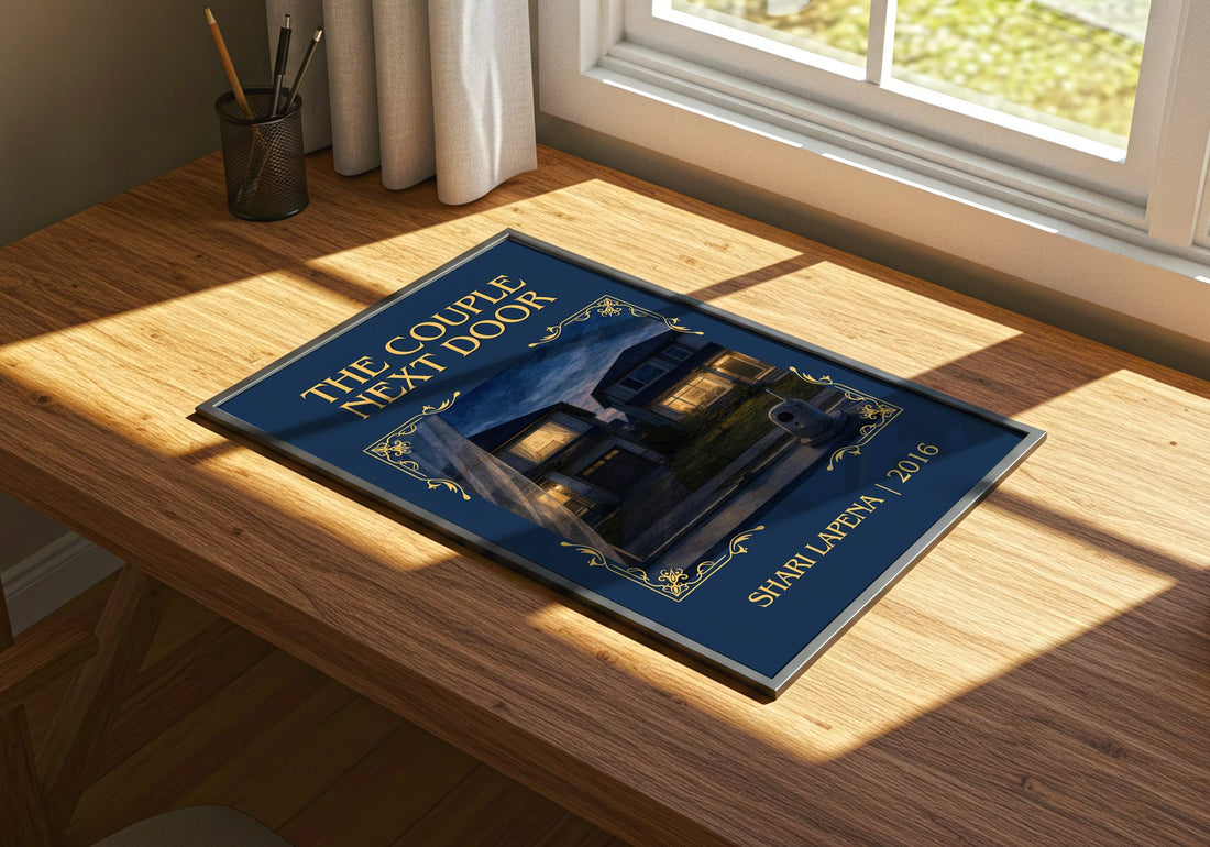 The Couple Next Door Classic Book Art Print by Shari Lapena – print on a sunlit desk
