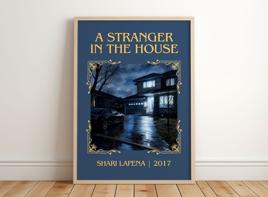 A Stranger in the House Classic Book Art Print by Shari Lapena – framed print leaning on a wooden floor