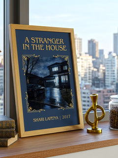 A Stranger in the House Classic Book Art Print by Shari Lapena – framed print on a city-view windowsill