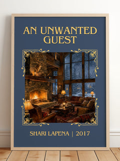 An Unwanted Guest Classic Book Art Print by Shari Lapena – framed print leaning on a wooden floor
