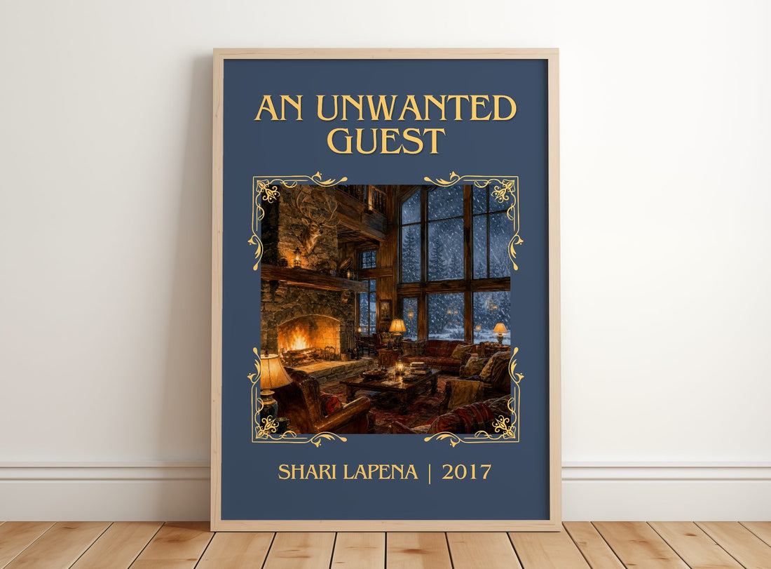 An Unwanted Guest Classic Book Art Print by Shari Lapena – framed print leaning on a wooden floor
