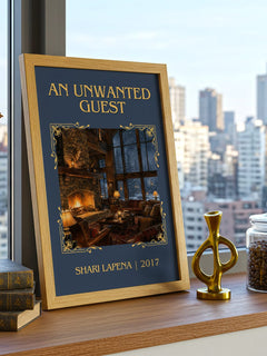 An Unwanted Guest Classic Book Art Print by Shari Lapena – framed print on a city-view windowsill