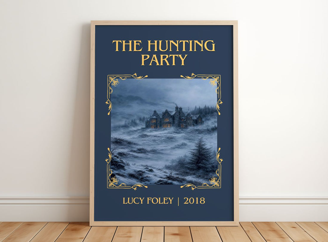The Hunting Party Classic Book Art Print by Lucy Foley – framed print leaning on a wooden floor