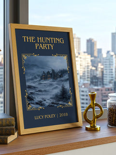 The Hunting Party Classic Book Art Print by Lucy Foley – framed print on a city-view windowsill