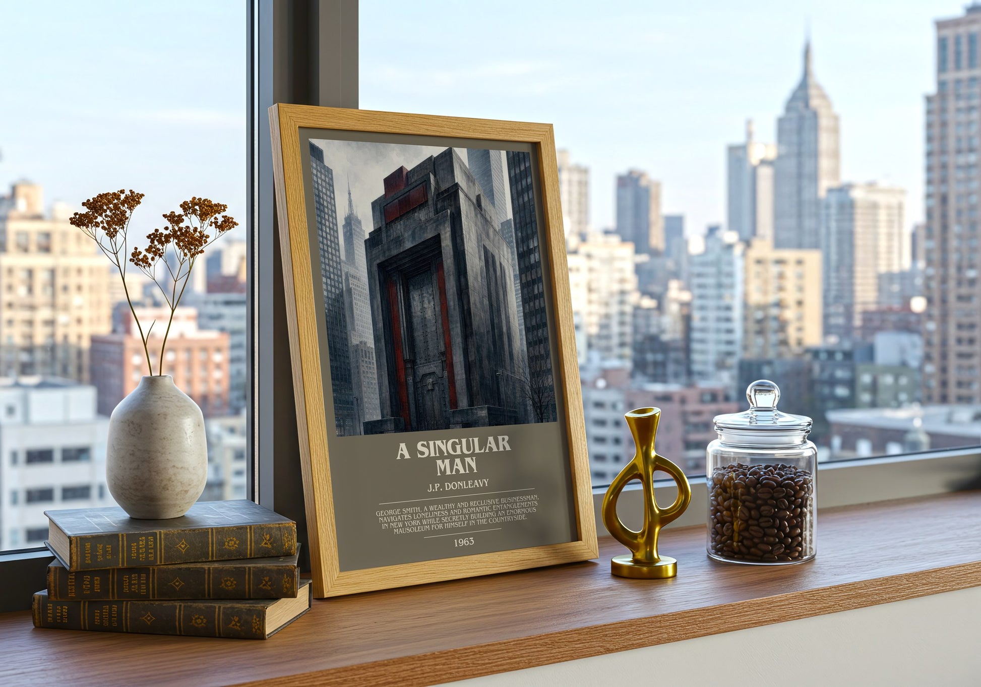 A Singular Man bookish print framed by window – literary home decor
