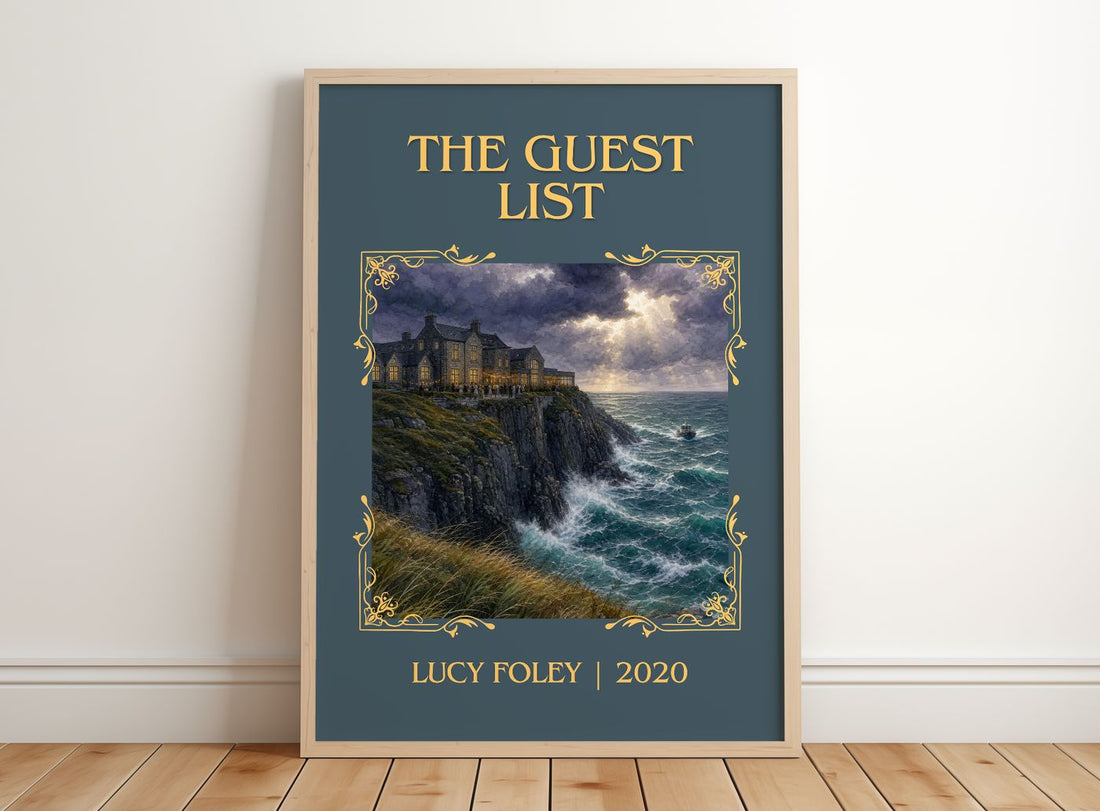 The Guest List Classic Book Art Print by Lucy Foley – framed print leaning on a wooden floor