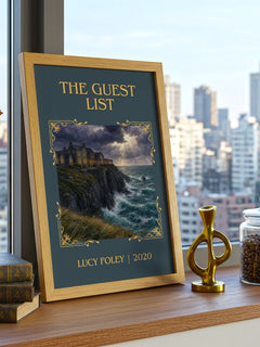 The Guest List Classic Book Art Print by Lucy Foley – framed print on a city-view windowsill