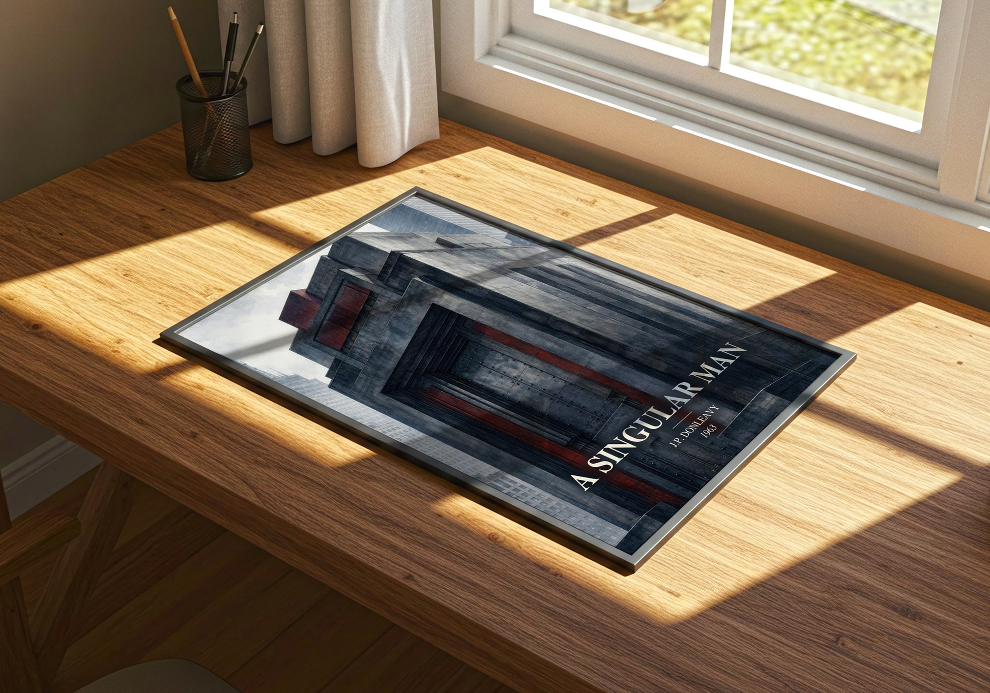 A Singular Man watercolour book poster framed on wall – literary fiction wall art