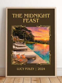 The Midnight Feast Classic Book Art Print by Lucy Foley – framed print leaning on a wooden floor