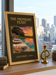 The Midnight Feast Classic Book Art Print by Lucy Foley – framed print on a city-view windowsill